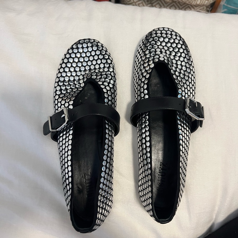 SCHUTZ Black and Silver Studded Flats